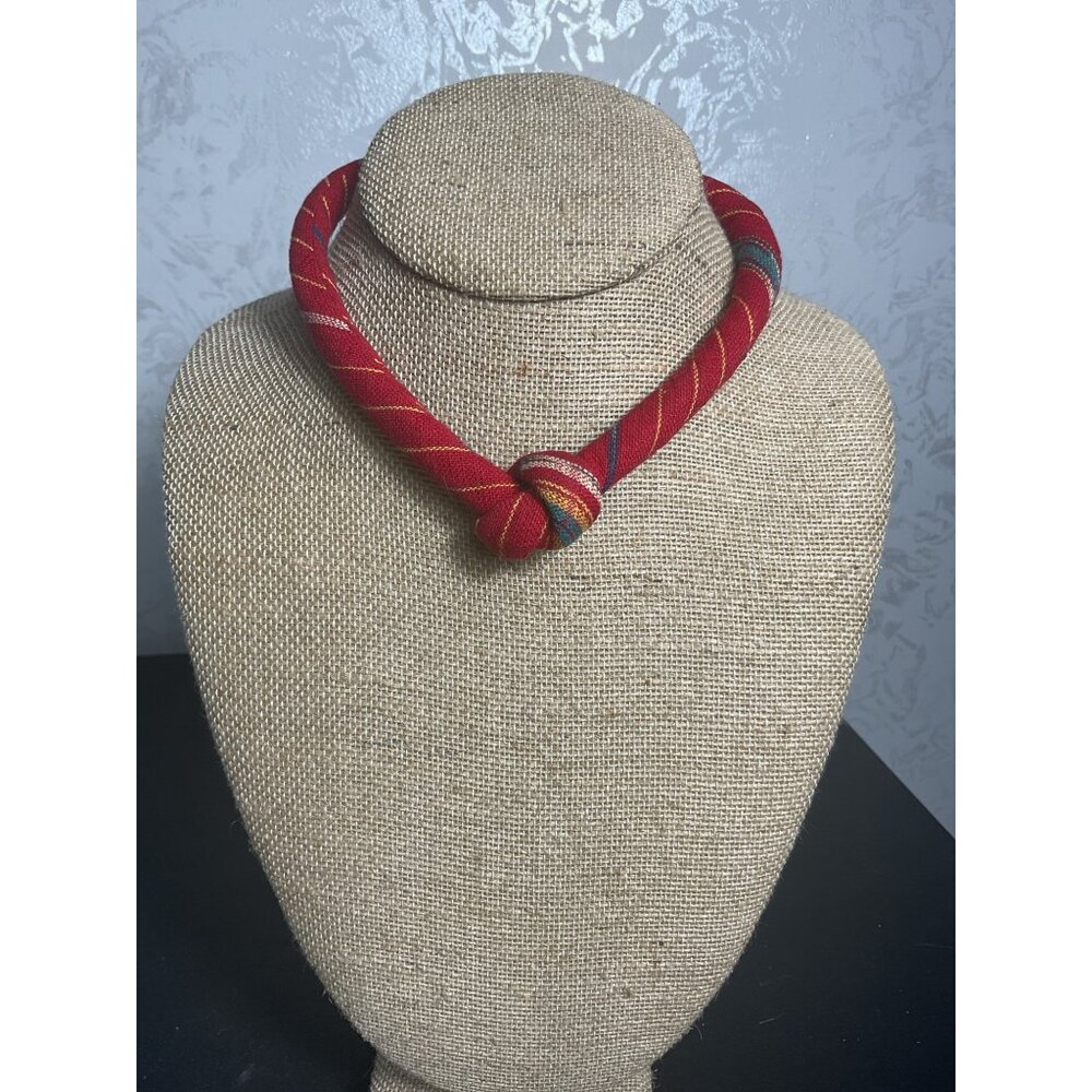 Knotted Red & Multicolor Fabric Necklace With Barrel Clasp